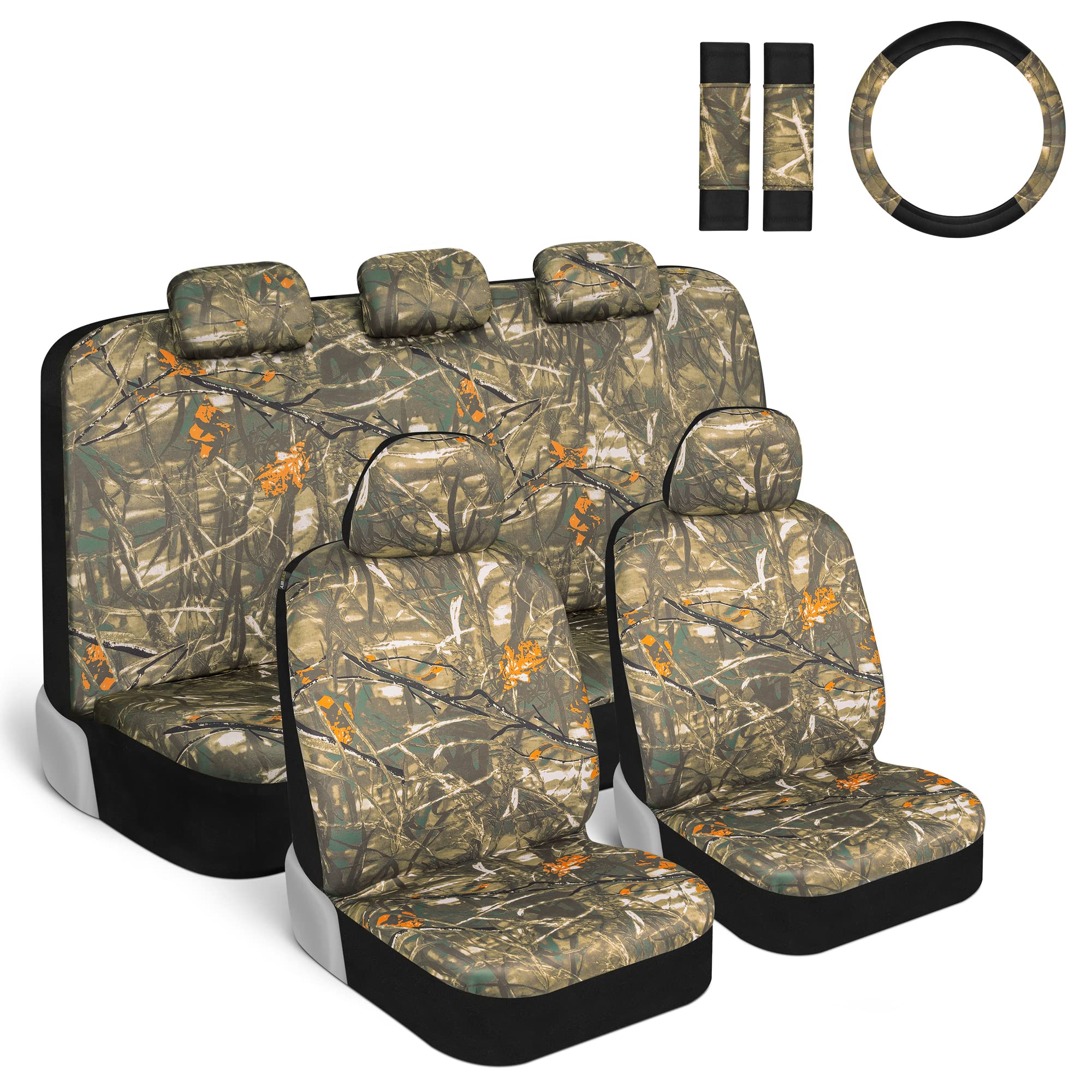 BDK Hunter Camo front seat cover close-up highlights spill protection