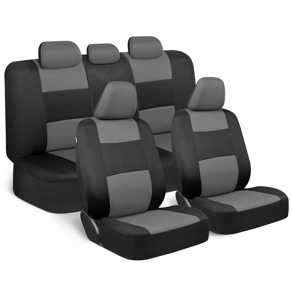 BDK PolyPro front seat cover in gray on black protects against wear while upgrading interior style.