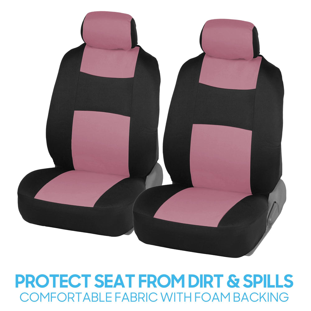 BDK PolyPro pink on black headrest covers close-up with stitching detail.