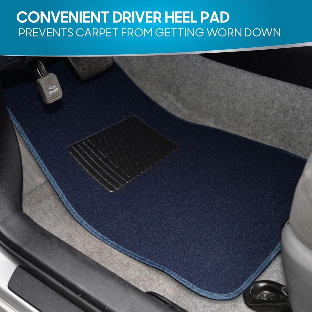 BDK Premium Blue car mats front-left view highlight durable heel pad protector.