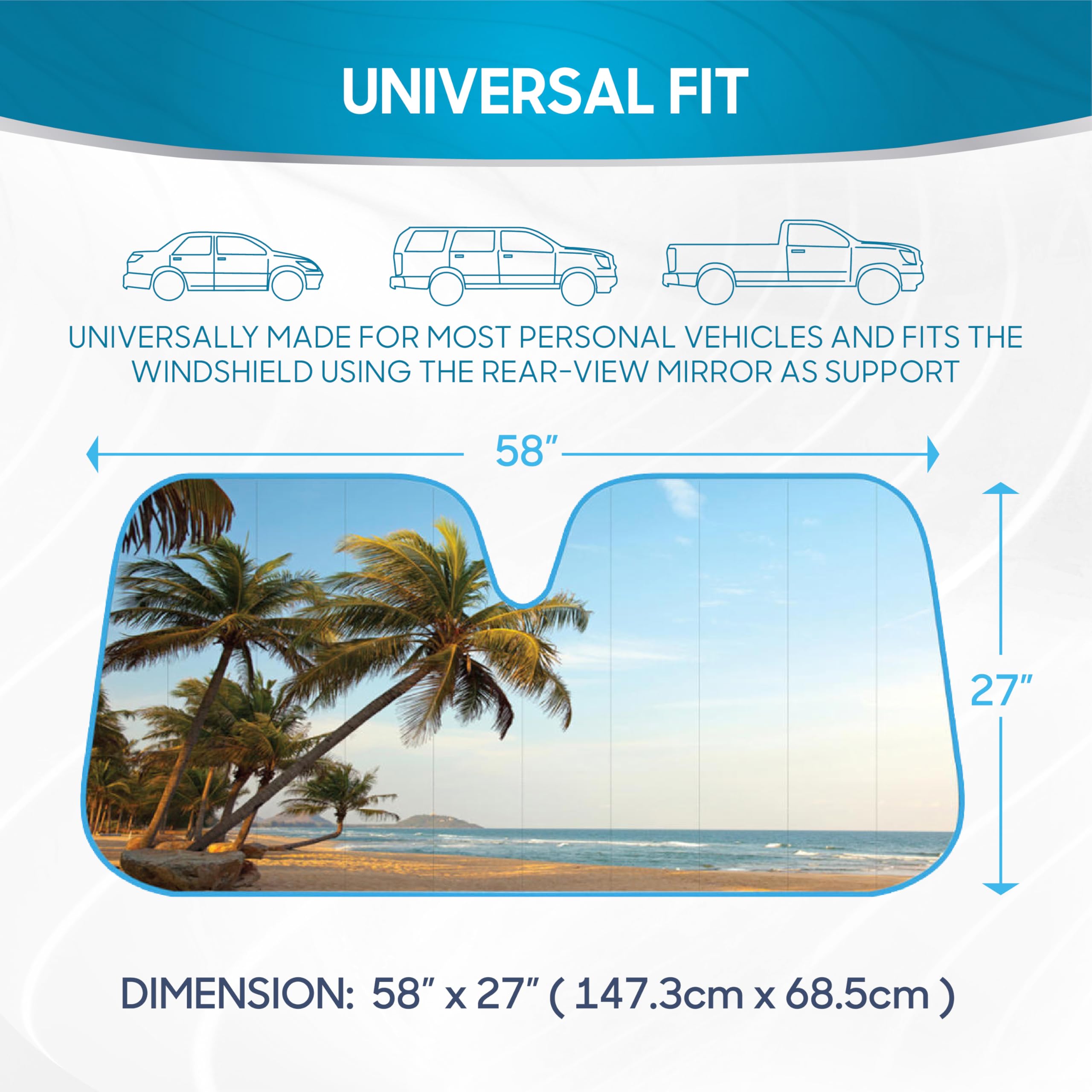 BDK universal fit 58x27 sun shade blocks heat in most vehicles.