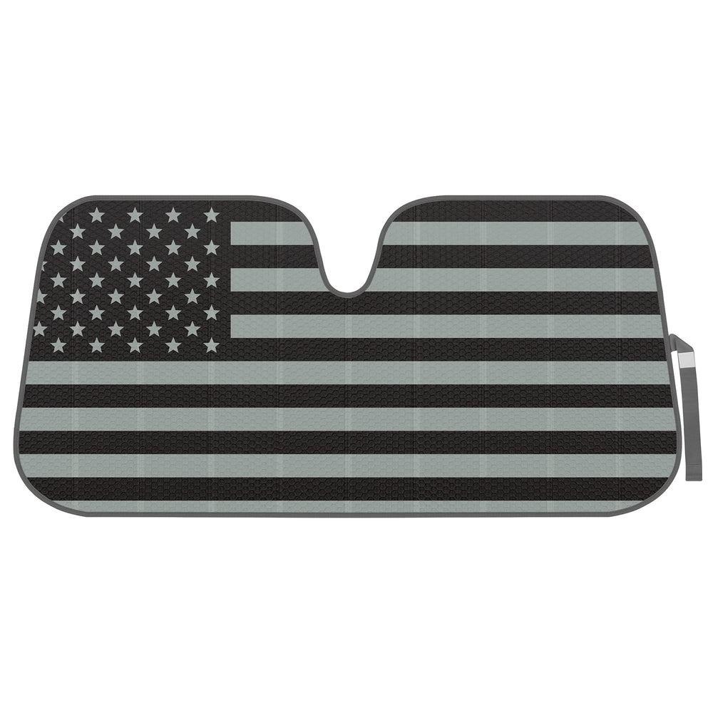 BDK USA american flag accordion sunshade front view reduces glare and protects dashboard.
