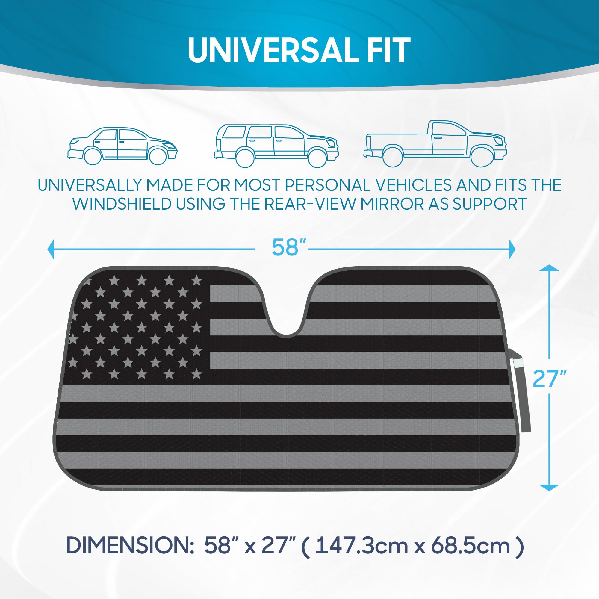 BDK USA patriotic sunshade helps keep interior cooler and protects dash from sun.
