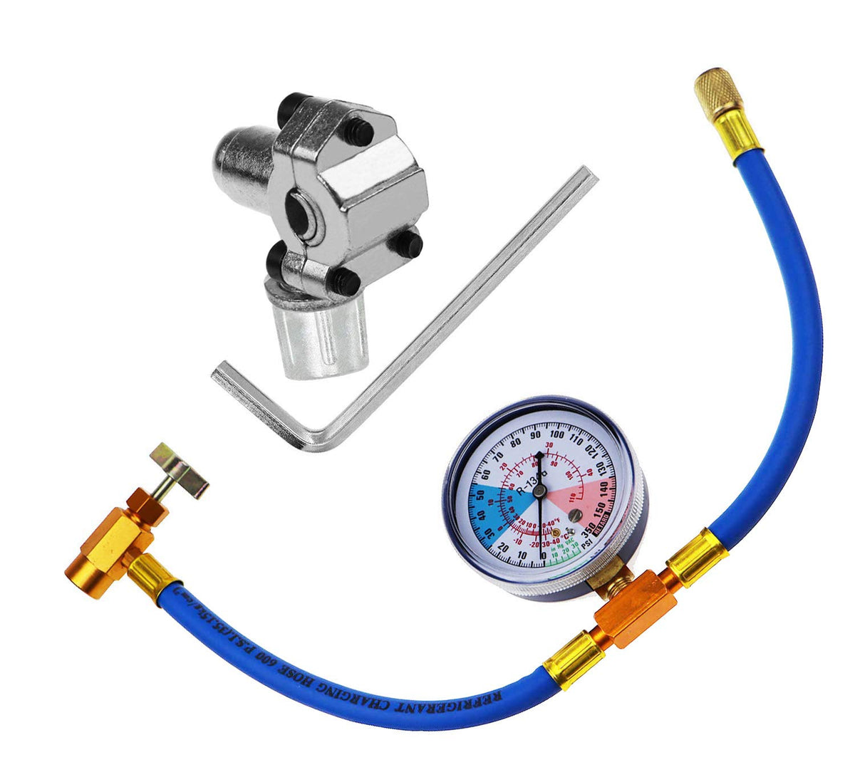 BeadChica R134a recharge hose with gauge for Bullet systems, precise readings.