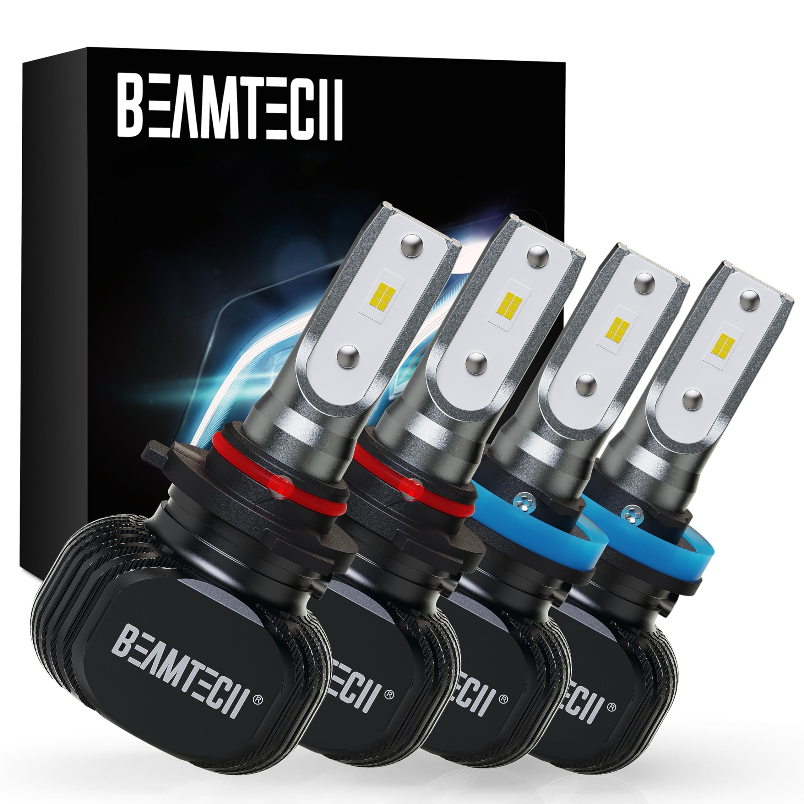 BeamTech 9005 H11 combo front view with crisp 6500K fog light output for clear night visibility.