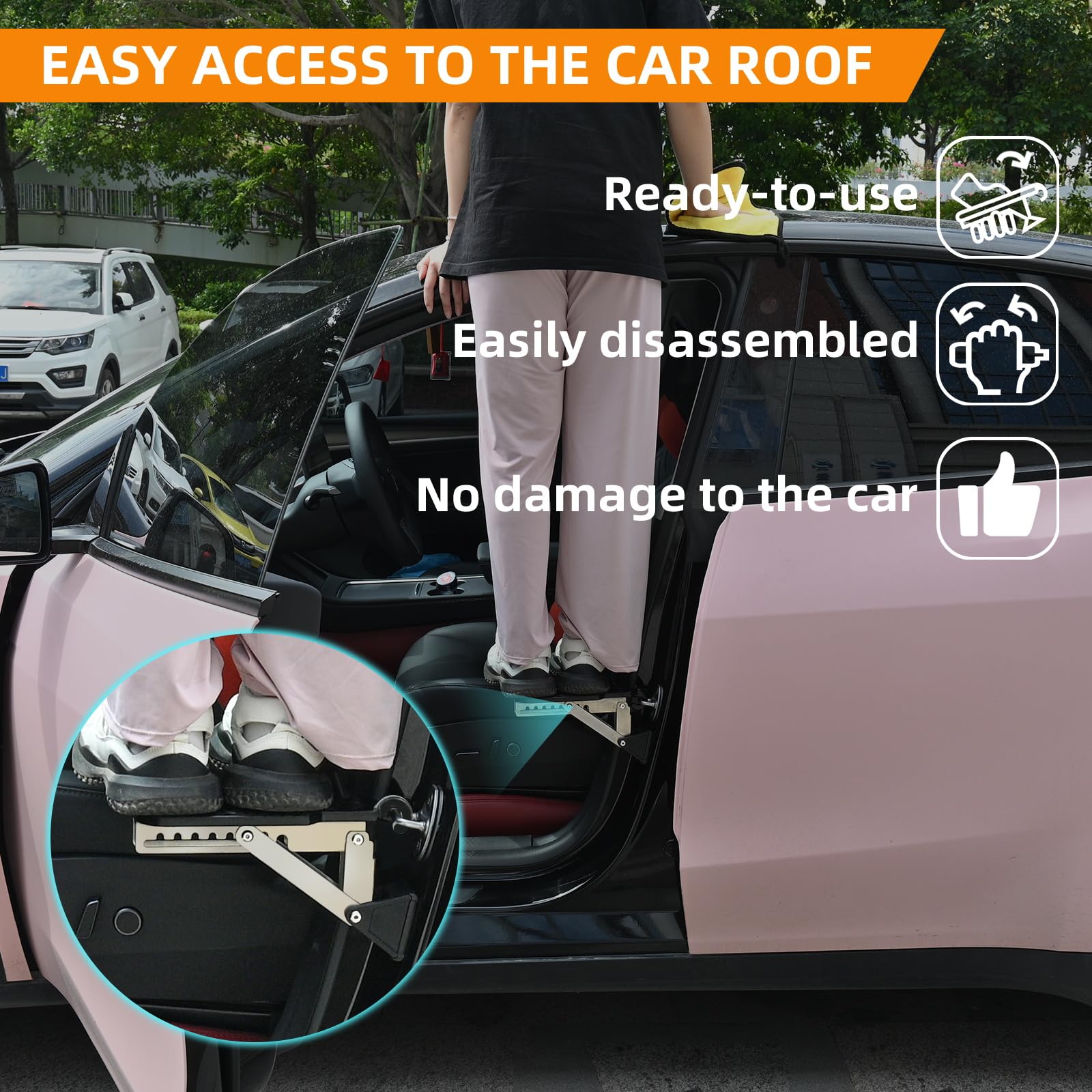 BEASYE Car Door Step roof-rack-access aids loading atop SUVs.