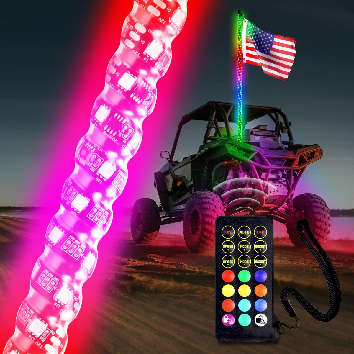 Beatto 5FT RF RGB LED whip dancing for high visibility on off-road trails.