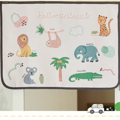 Bebedeco sun shade curtain on steel-framed window enables quick magnetic attachment.