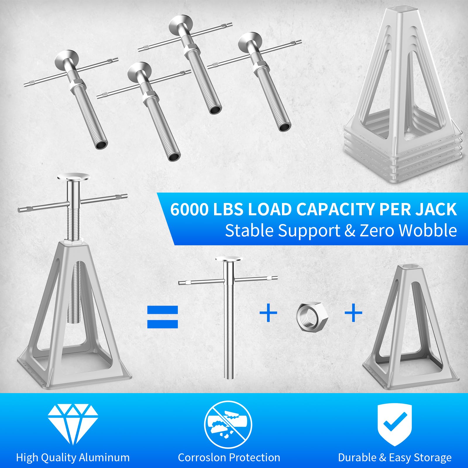 BEBOBLY RV Stack Jacks adjustment range demonstrates 11 to 17 inches for versatile leveling.