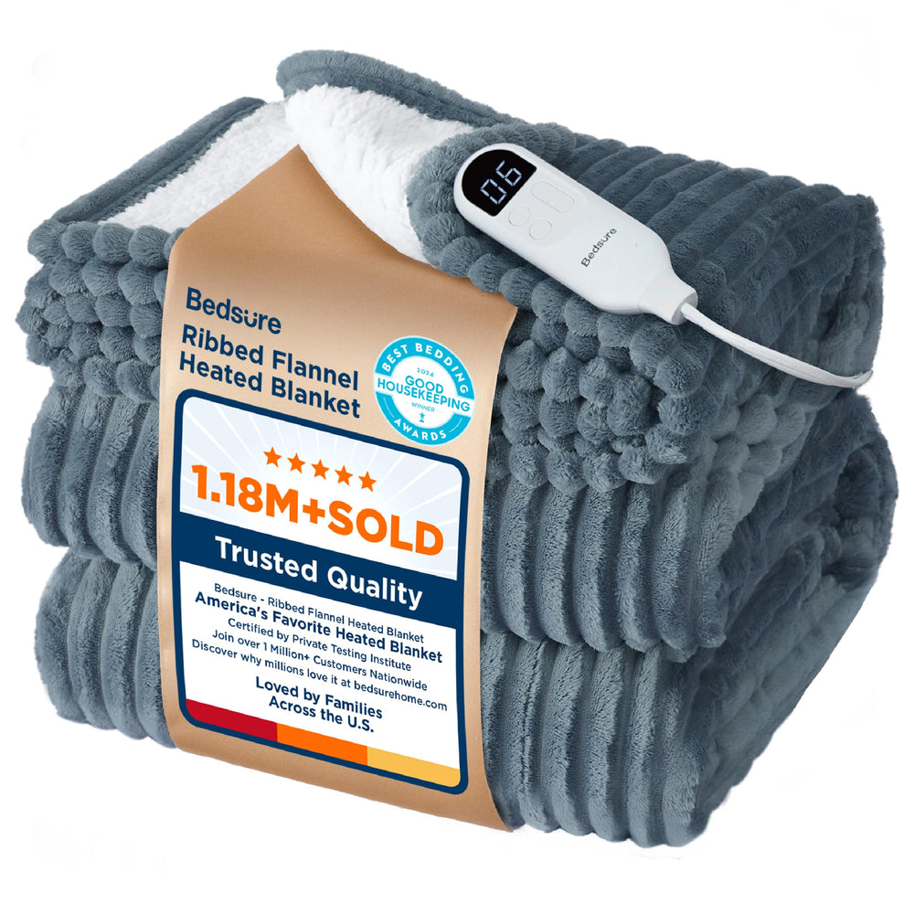 Bedsure GentleSoft heated blanket throw grey front view for cozy warmth on chilly evenings