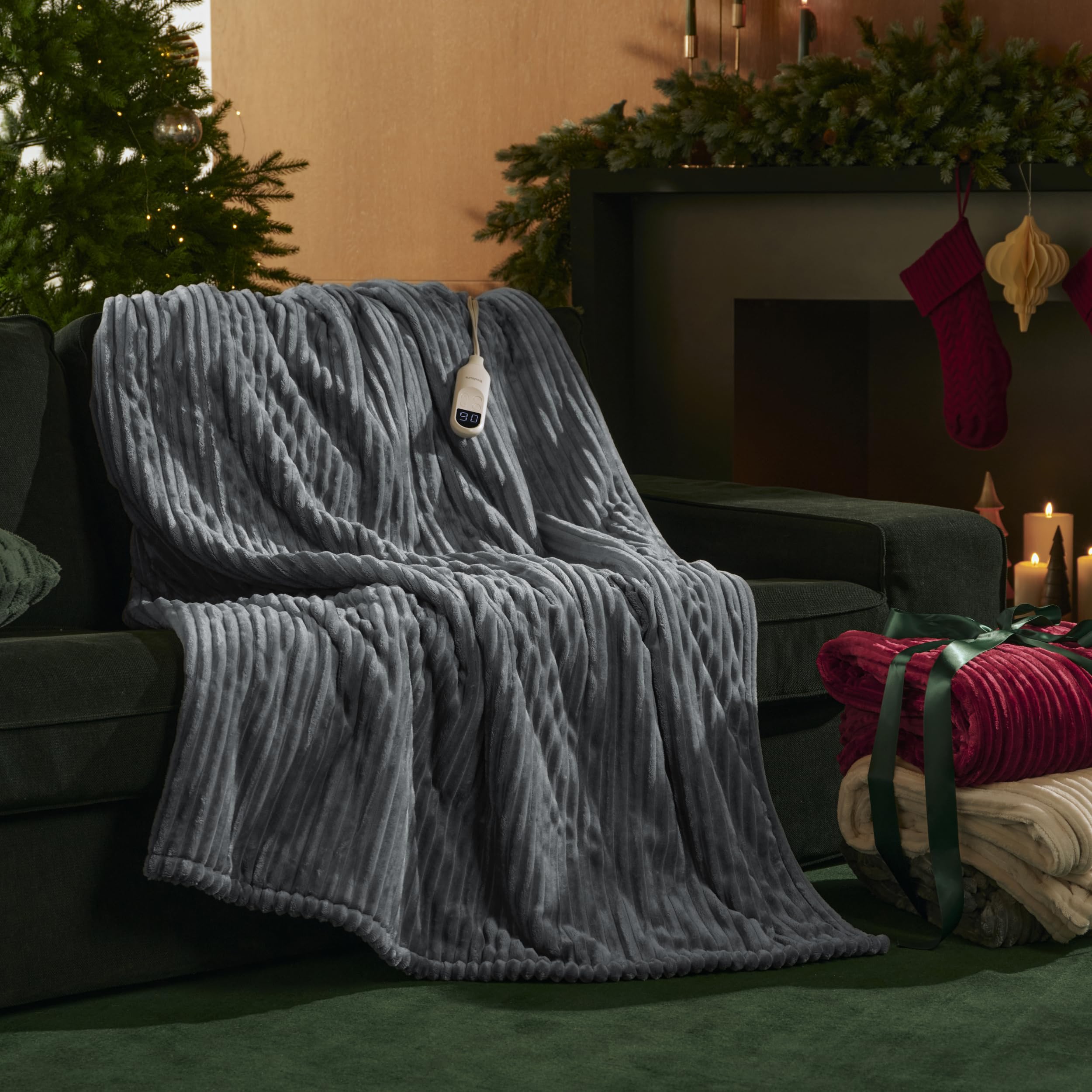 Bedsure GentleSoft heated blanket throw grey in living room setting for movie nights