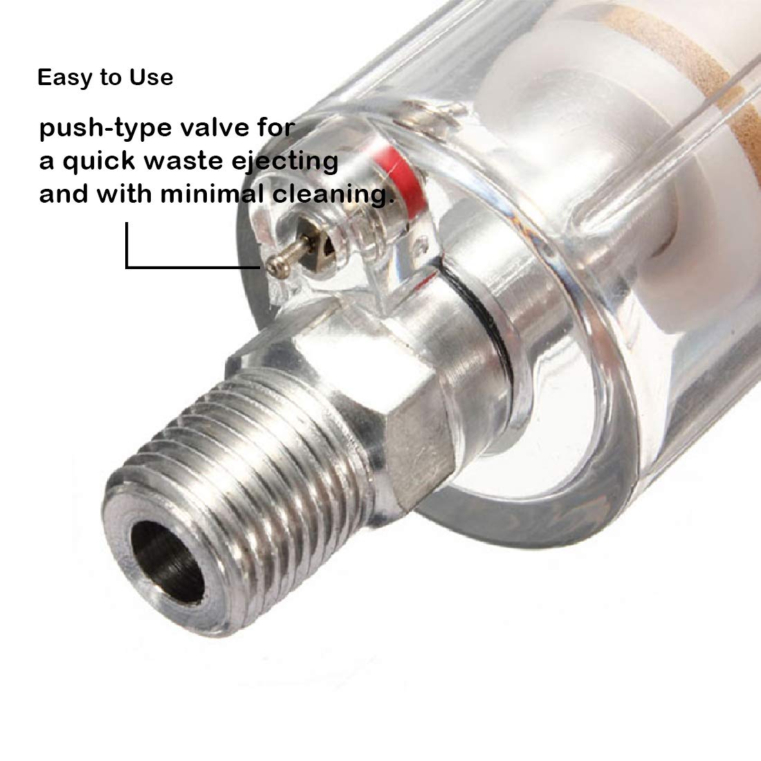 Beduan air line filter clear housing enables quick inspection of buildup.