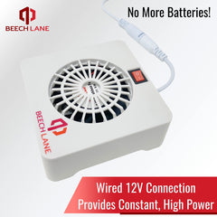 Beech Lane 12V RV fridge fan close-up of on-off switch for easy control.