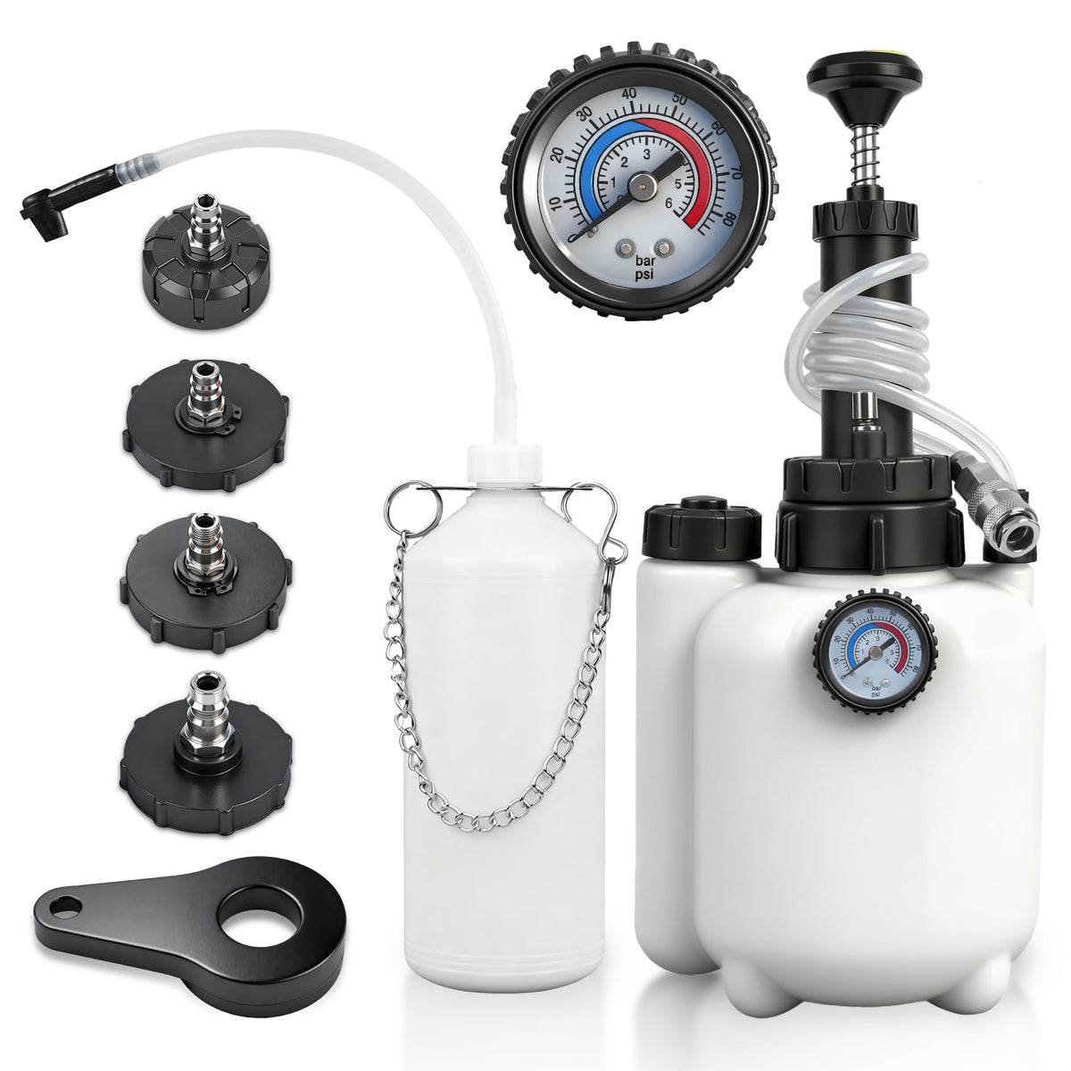 Beefire 3L brake bleeder kit with pressure gauge for precise fluid changes.