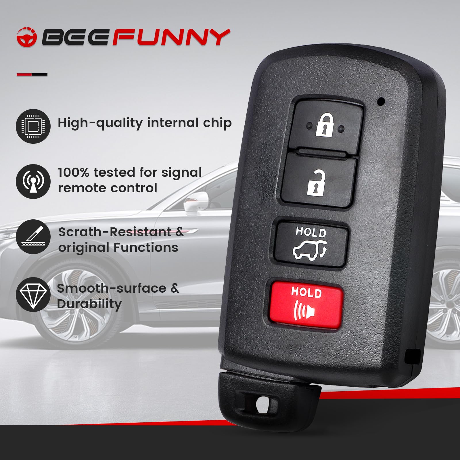 Beefunny Highlander key fob emergency-key view shows ready backup key for emergencies.