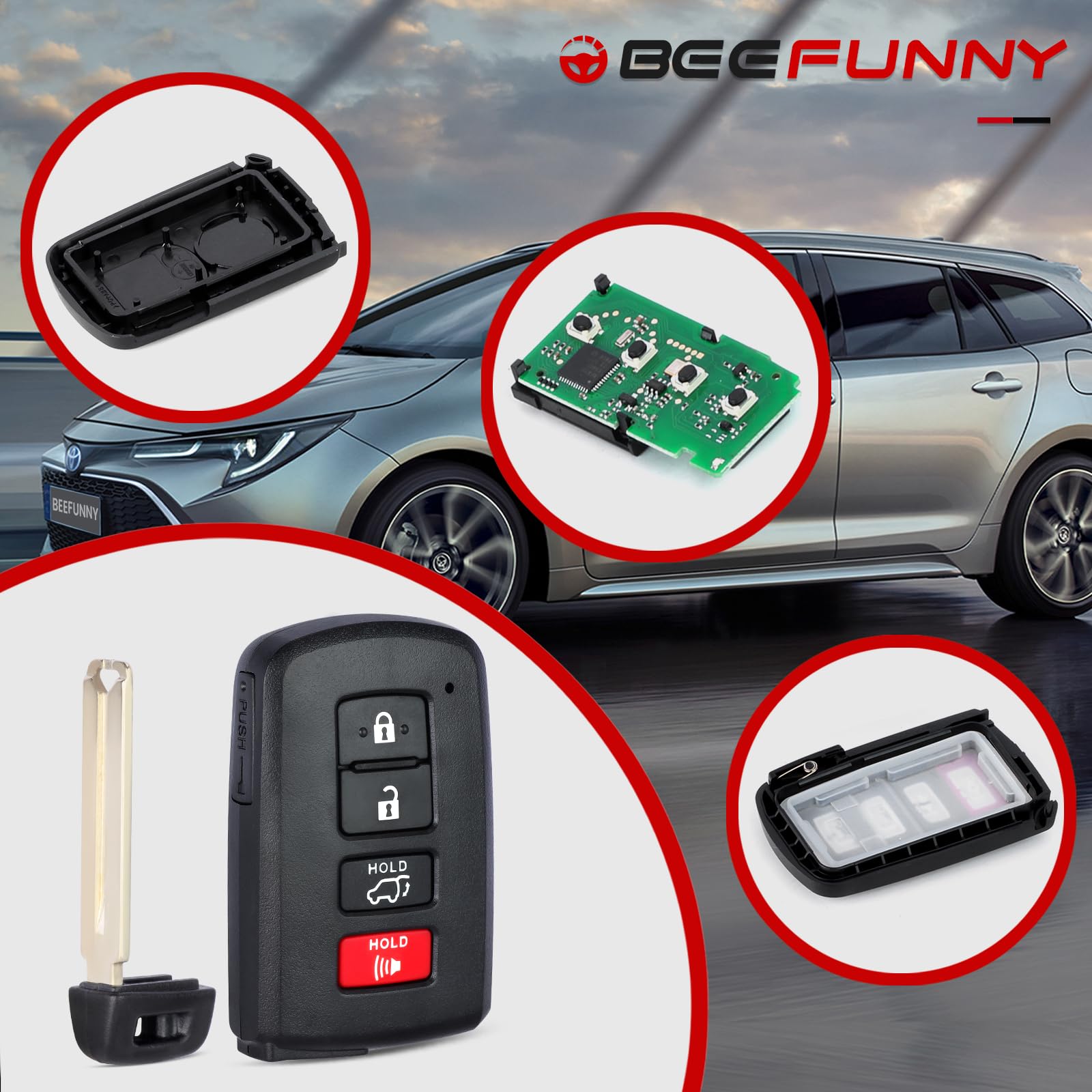 Beefunny Highlander key fob inside board reveals reliable chip and remote module.