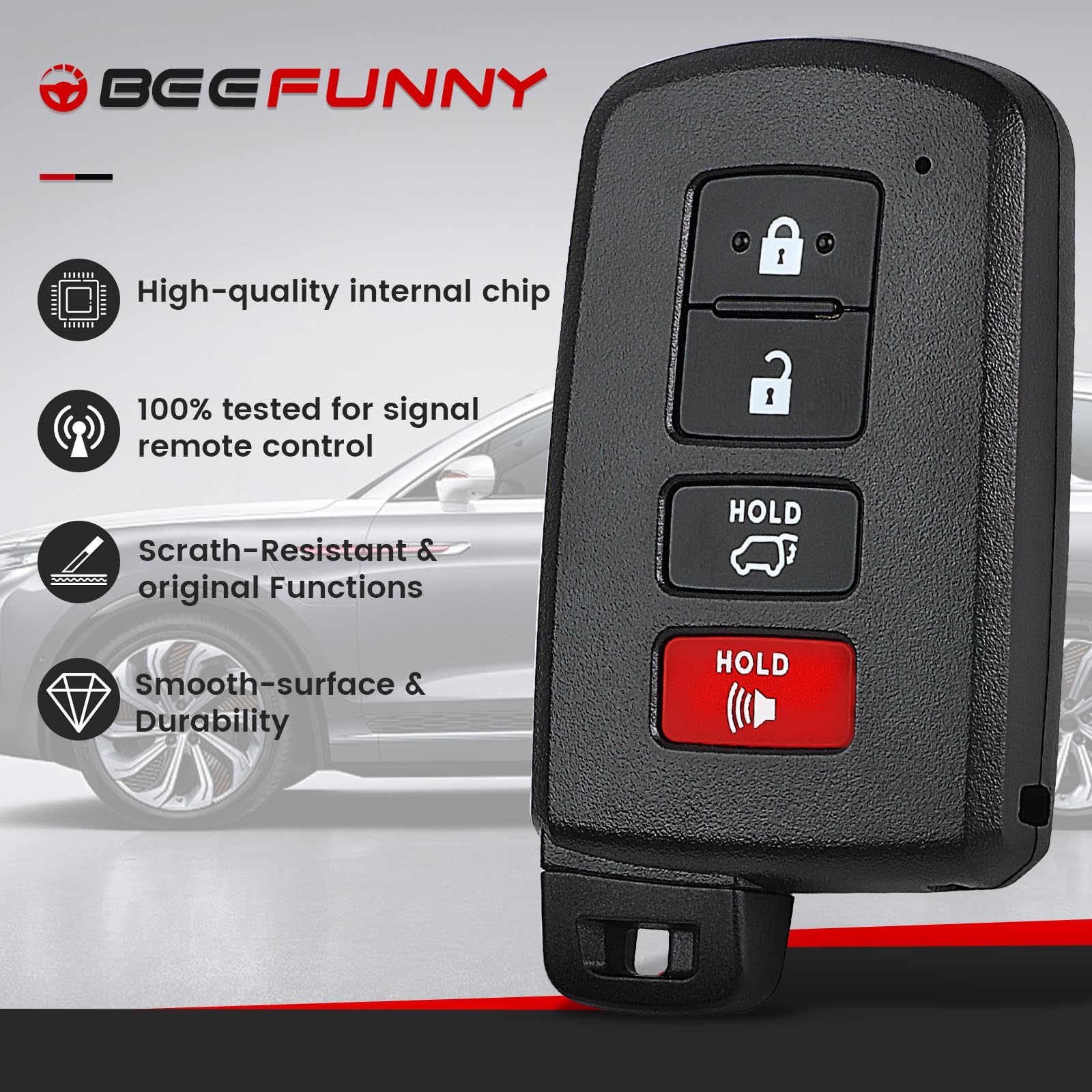 Beefunny 4-button key fob detail highlights lock, unlock, panic.