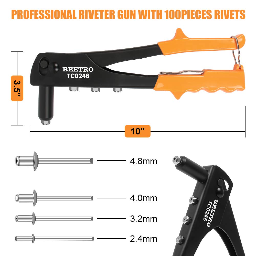 BEETRO riveter shown working with plastic, metal, and leather