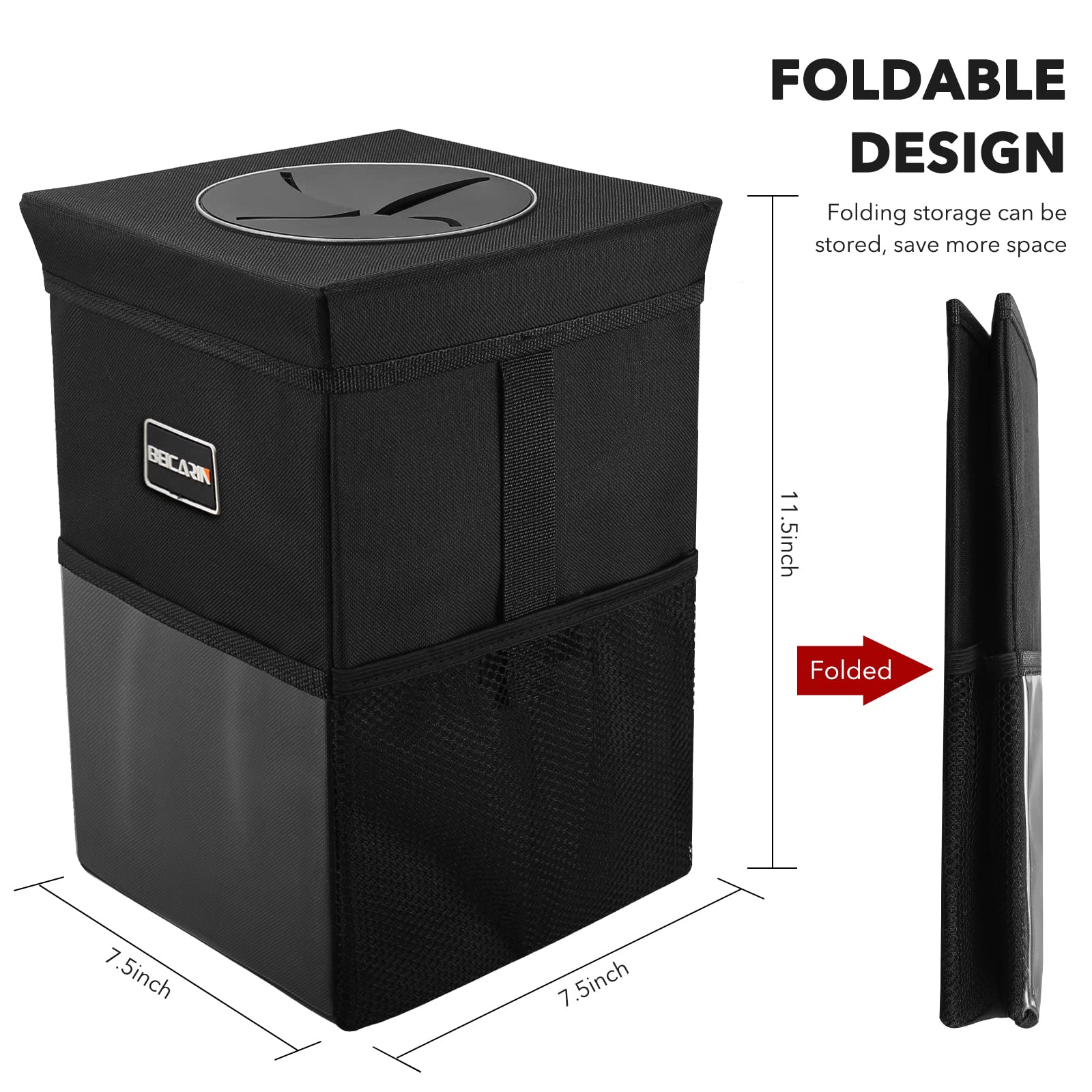 Beicarin collapsible trash bin folds flat for compact storage.