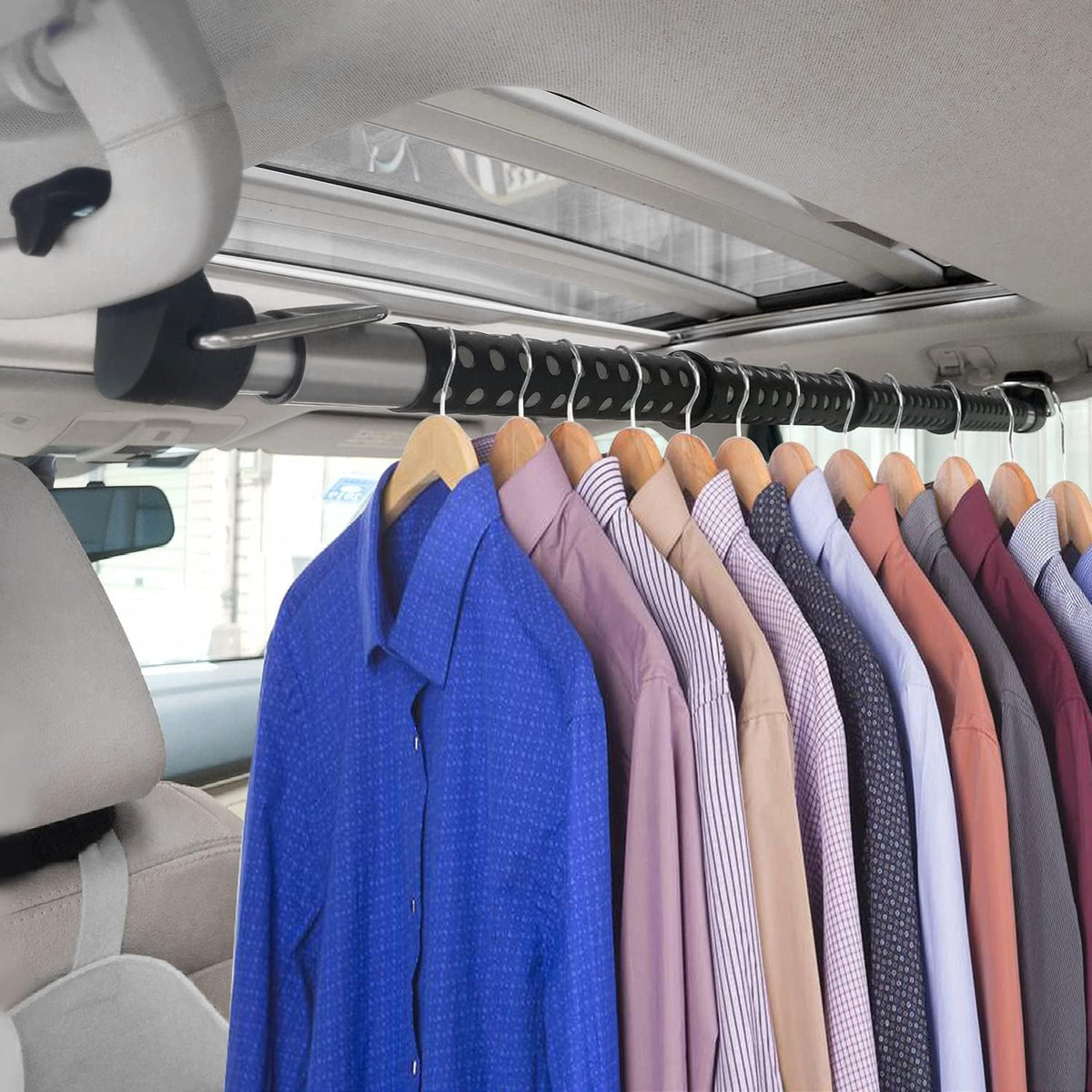 Beinhome rubber car clothes hanger bar extends 35–63 inches for versatile vehicle fit and wrinkle-free garments