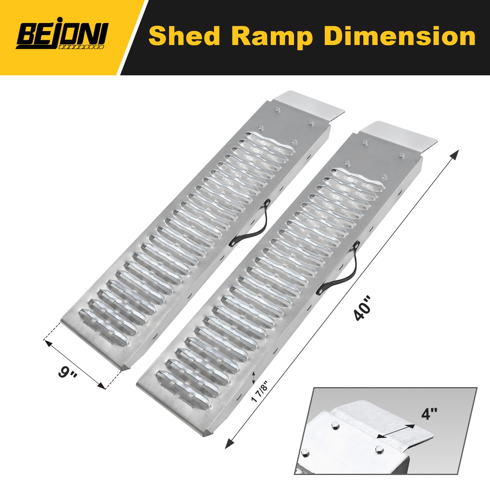 BEJONI two-pack steel ramps 960lbs capacity demonstrated during tool and equipment loading.