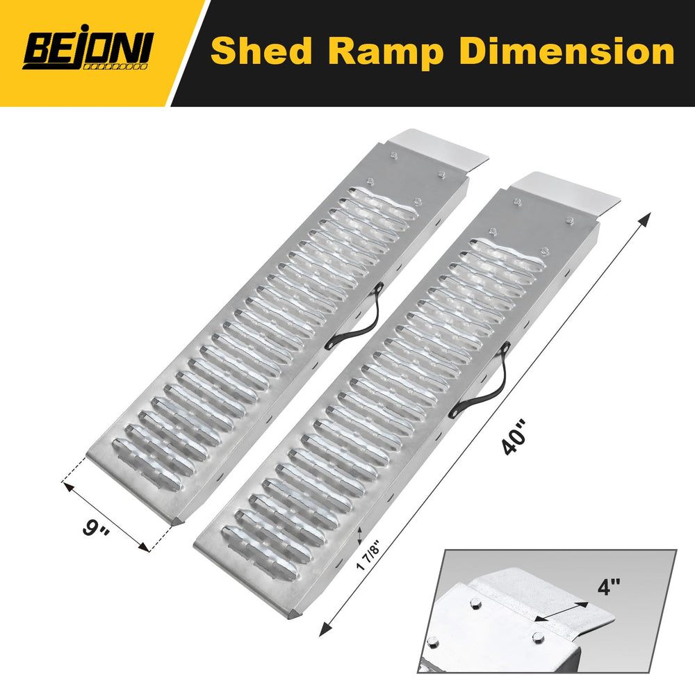 BEJONI two-pack steel ramps 960lbs capacity demonstrated during tool and equipment loading.