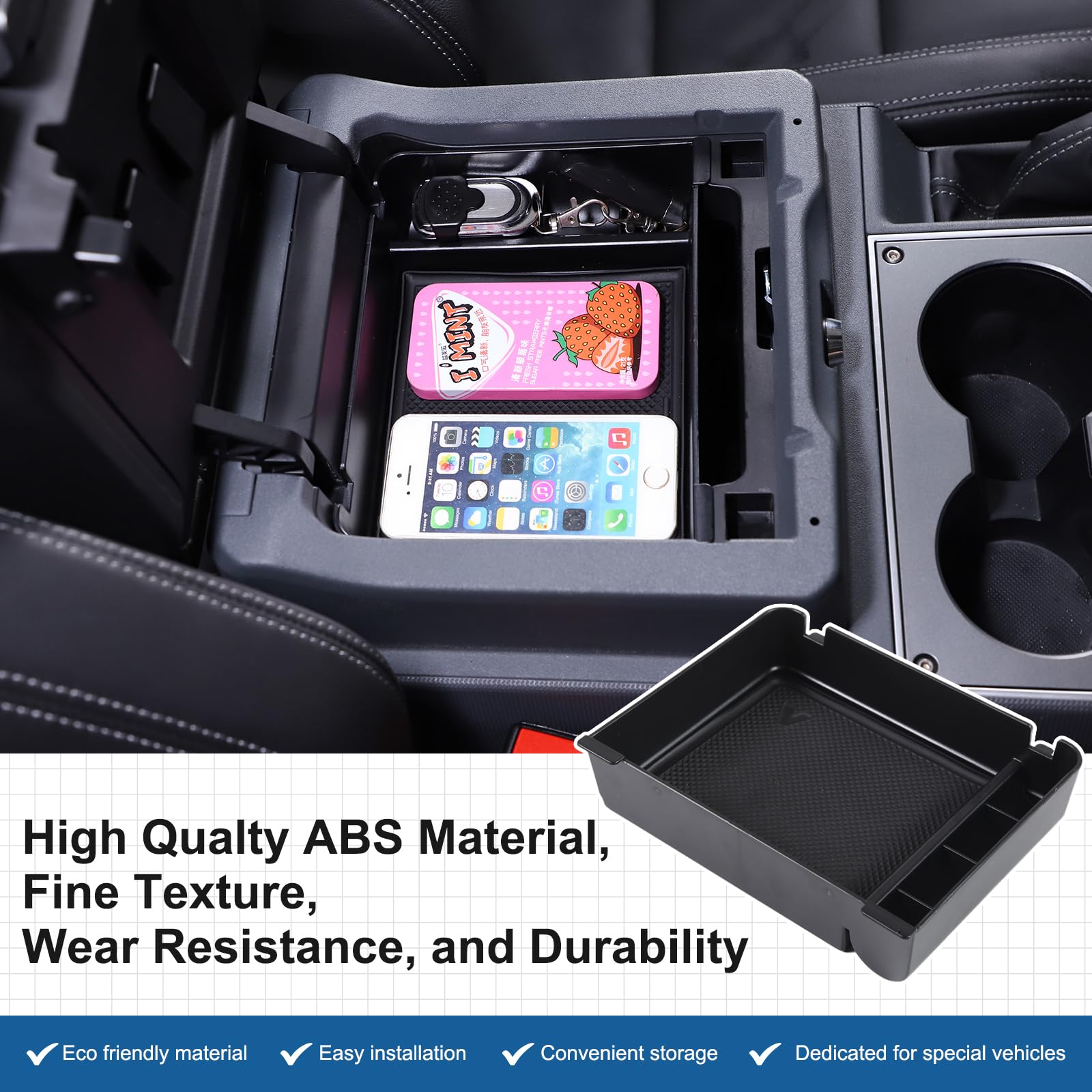 Bekantogy Grenadier armrest tray installed in console demonstrates a clean, snug fit.