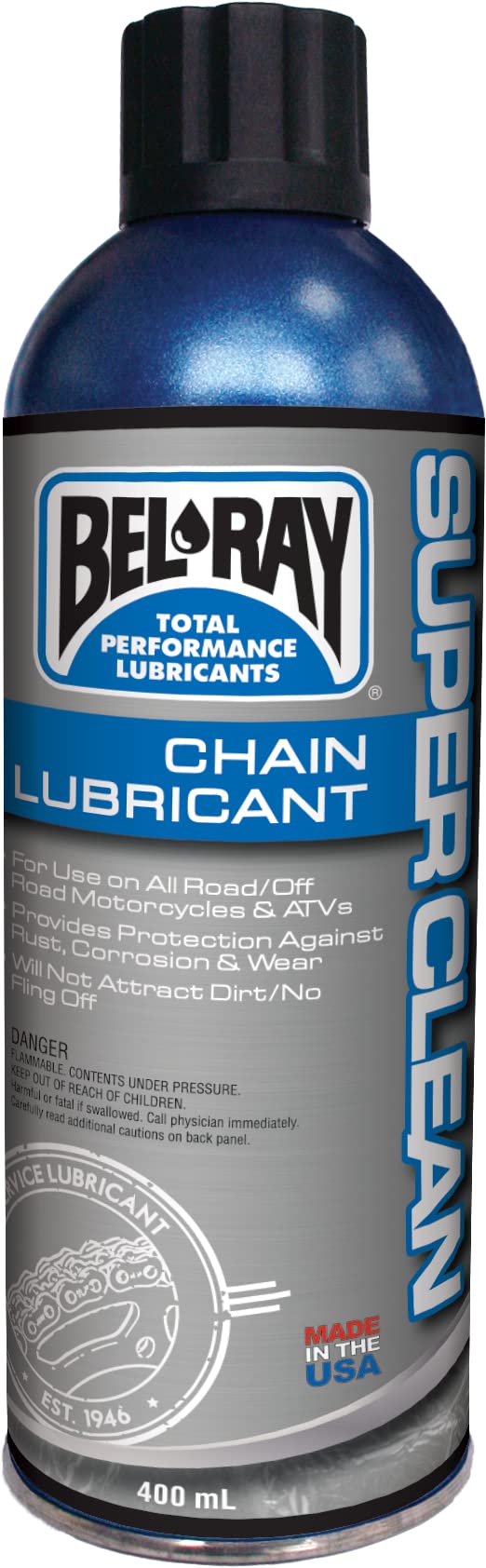 Bel-Ray Super Clean Chain Lube aerosol for street and race chains, reducing fling-off and wear.