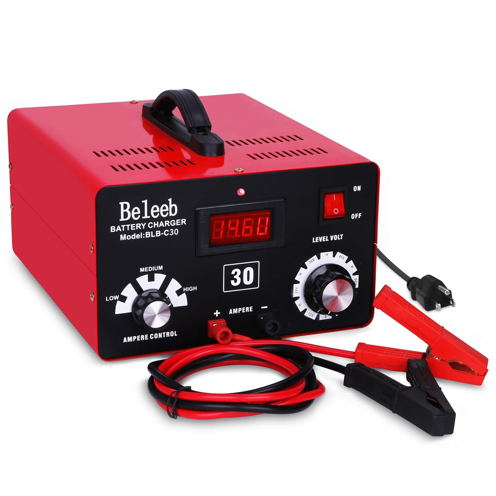 Beleeb adjustable battery charger LCD display panel showing status for precise maintenance.