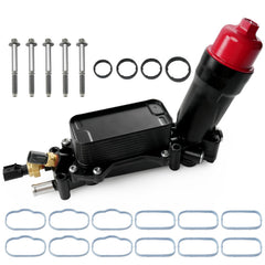 BELKEBIR 3.6L oil cooler housing front view highlights durable aluminum construction