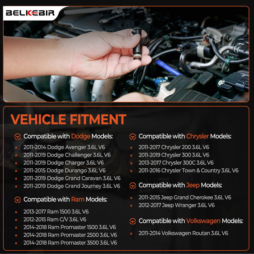 BELKEBIR 3.6L V6 compatible injectors fit multiple Dodge, RAM, Chrysler, Jeep models.