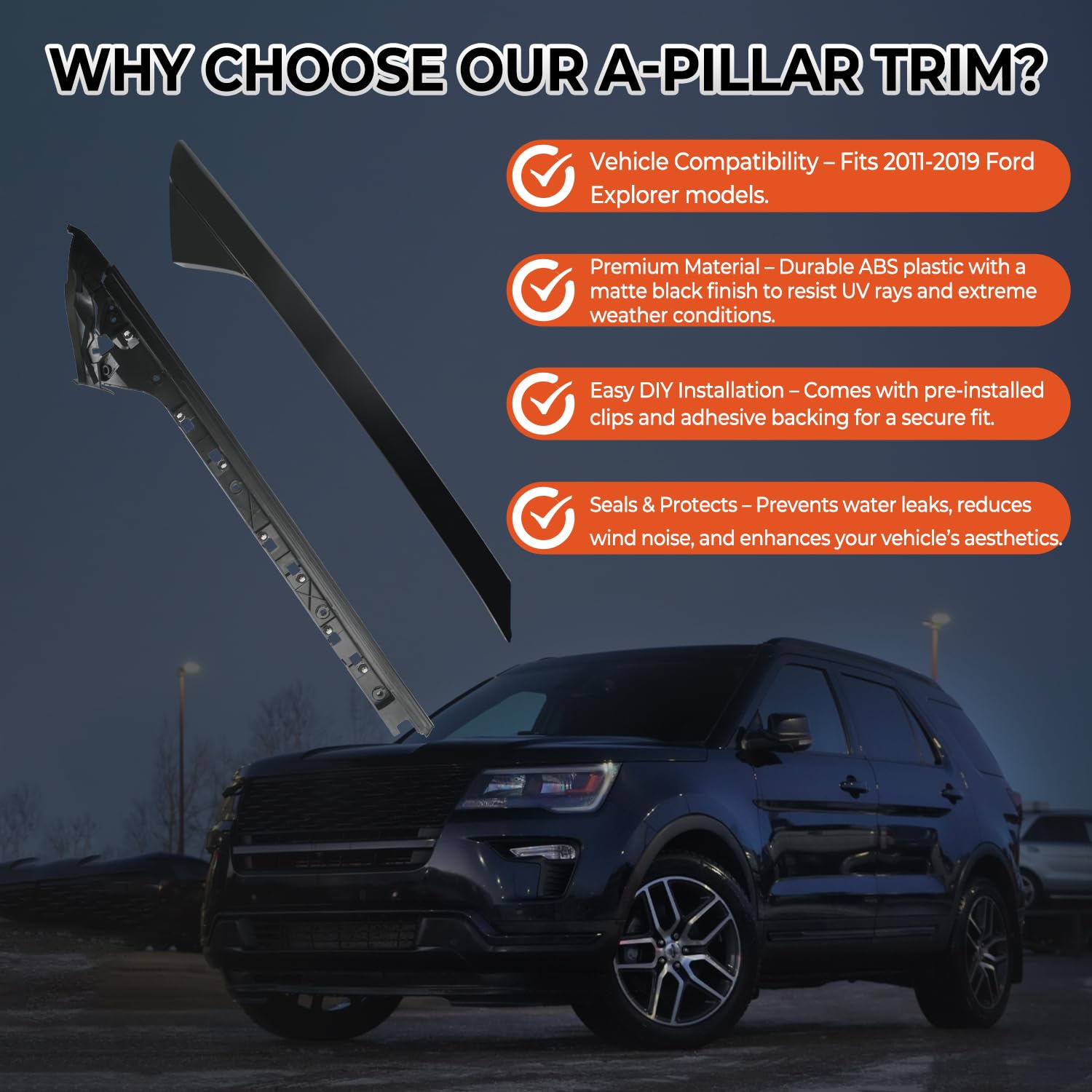 Belkebir A-Pillar molding seals windshield edges and reduces wind noise.