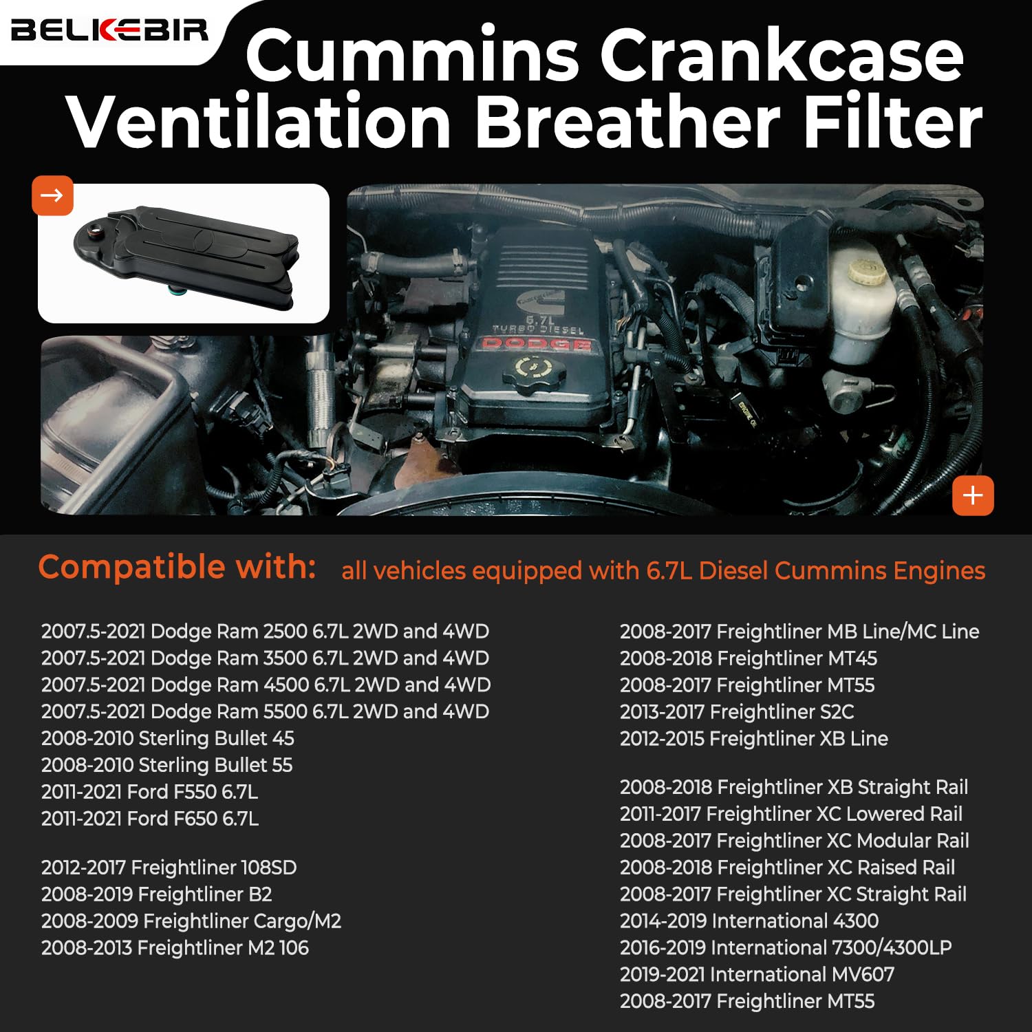 BELKEBIR CCV filter close-up on 6.7L Ram showing premium filtration