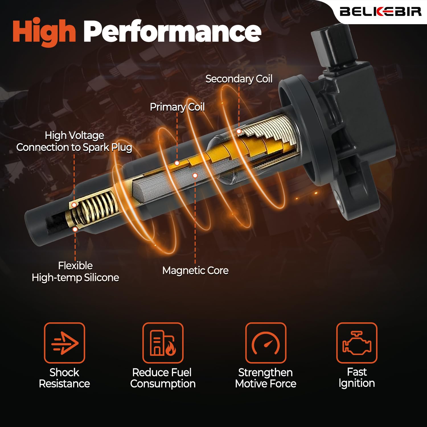 BELKEBIR ignition coil and spark plug closeup shows durable components