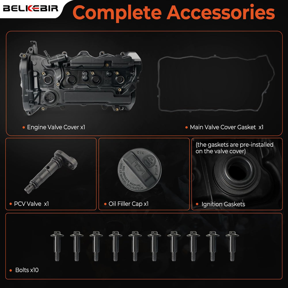 Installation-ready BELKEBIR valve cover kit mounted on an engine bay demo.