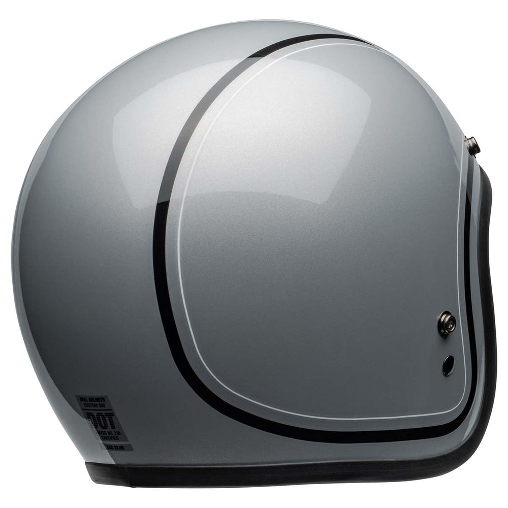 Bell Custom 500 Chief gloss gray close-up shows snug chin strap.