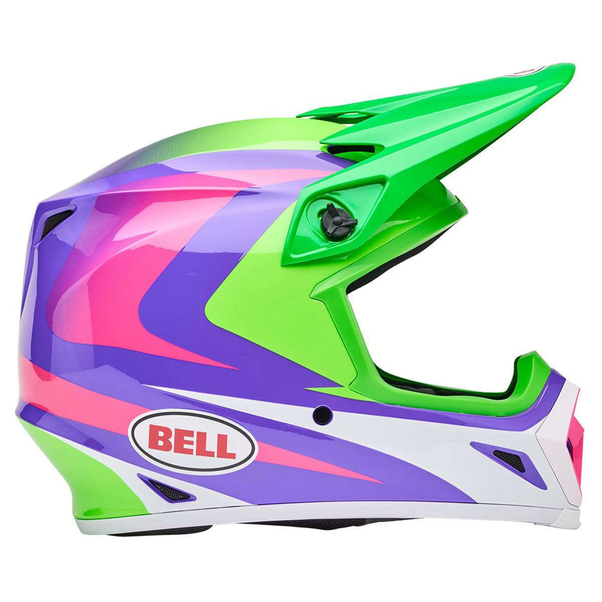 Bell MX-9 MIPS gloss jackal hi-vis green/purple for visibility.