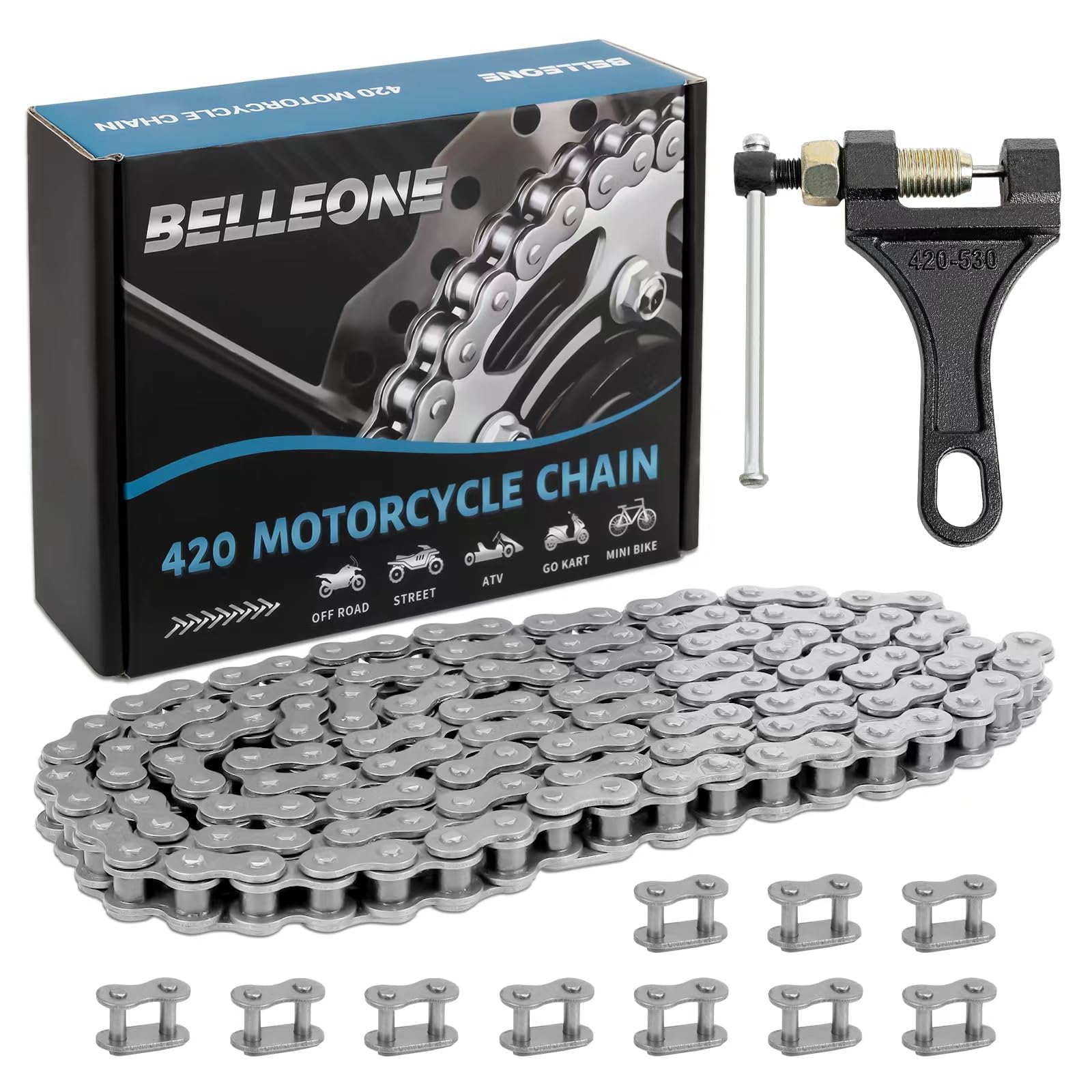 Belleone 420 chain with 132 links for durability across ATV and dirt-bike use.
