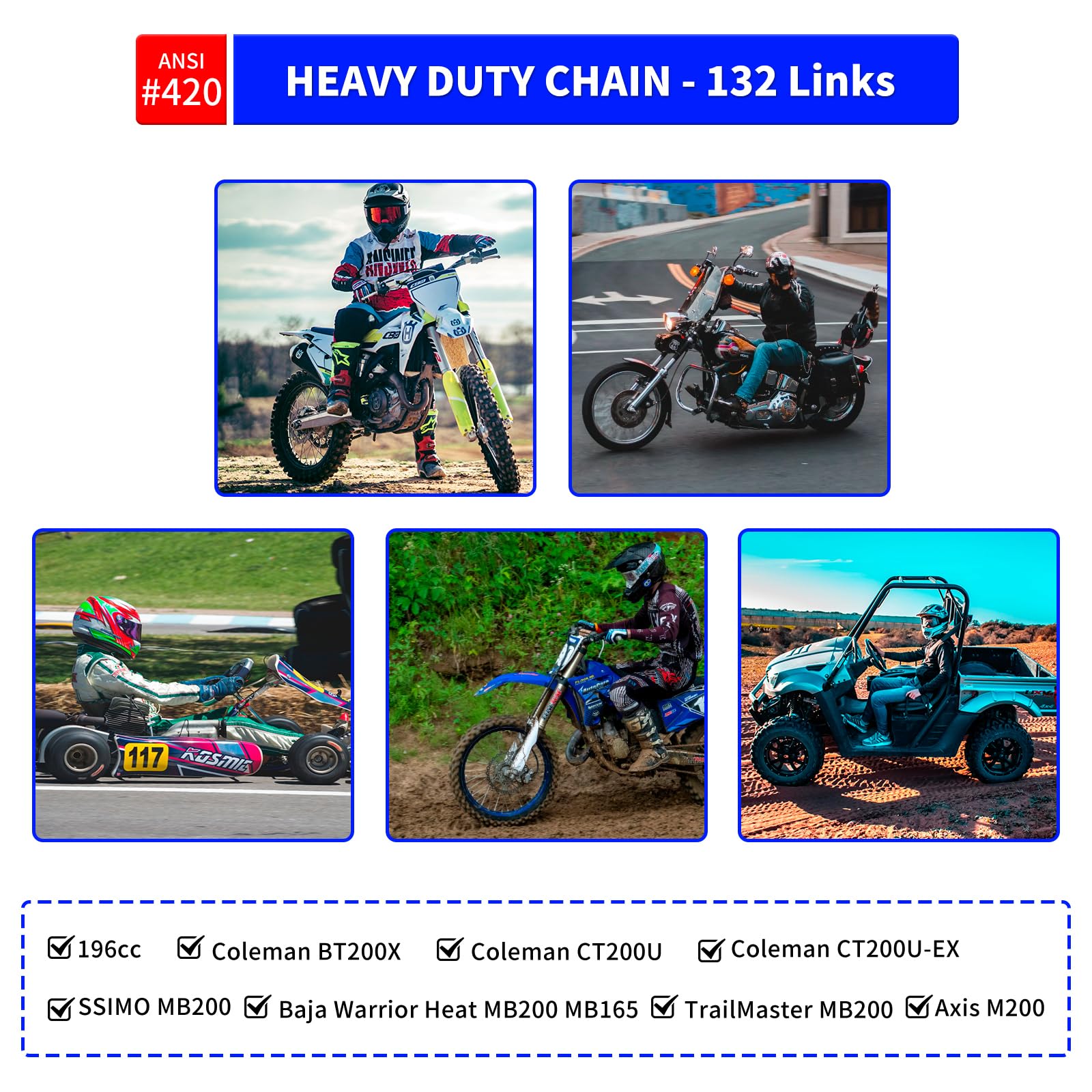 Belleone 420 chain kit fits 50cc–125cc engines with easy DIY installation