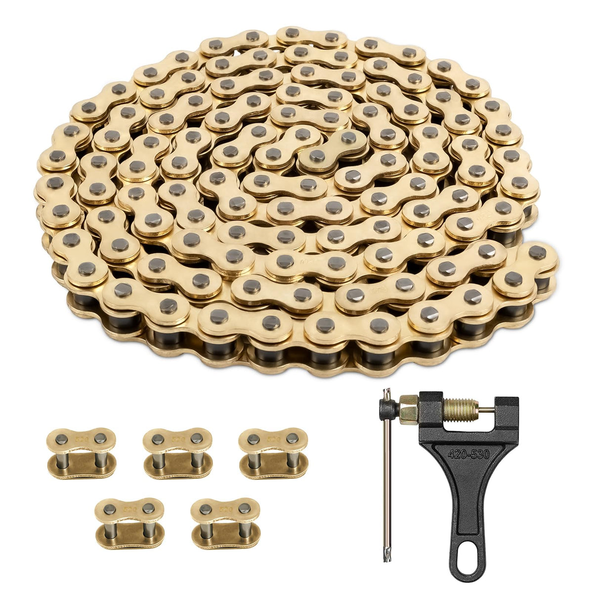 Belleone 520 gold motorcycle chain close-up for durable high-speed riding.