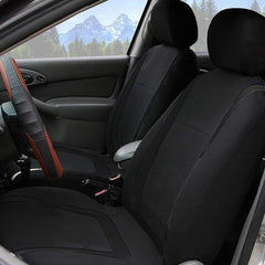 BELOMI front seat cover in black demonstrates easy stretch installation.