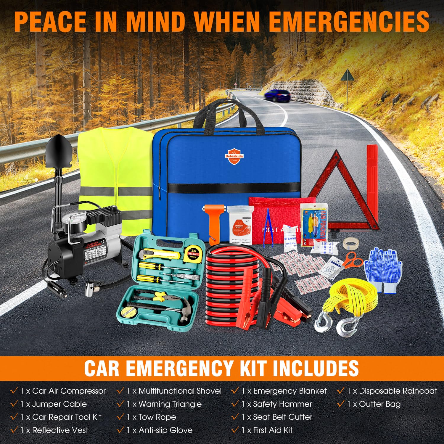Beloskida emergency kit jumper cables deliver reliable starts in cold weather.