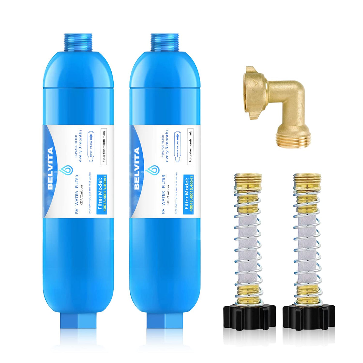 BELVITA RV inline water filter with 90-degree elbow improves hose connection flow.