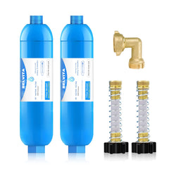 BELVITA RV inline water filter with 90-degree elbow improves hose connection flow.