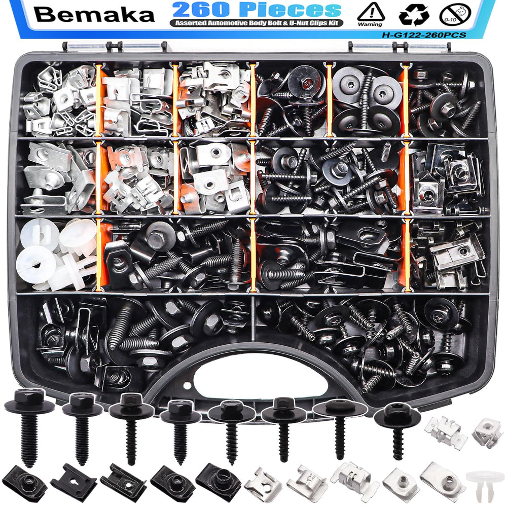 Bemaka 260pcs auto body bolt kit in box organized for easy selection.
