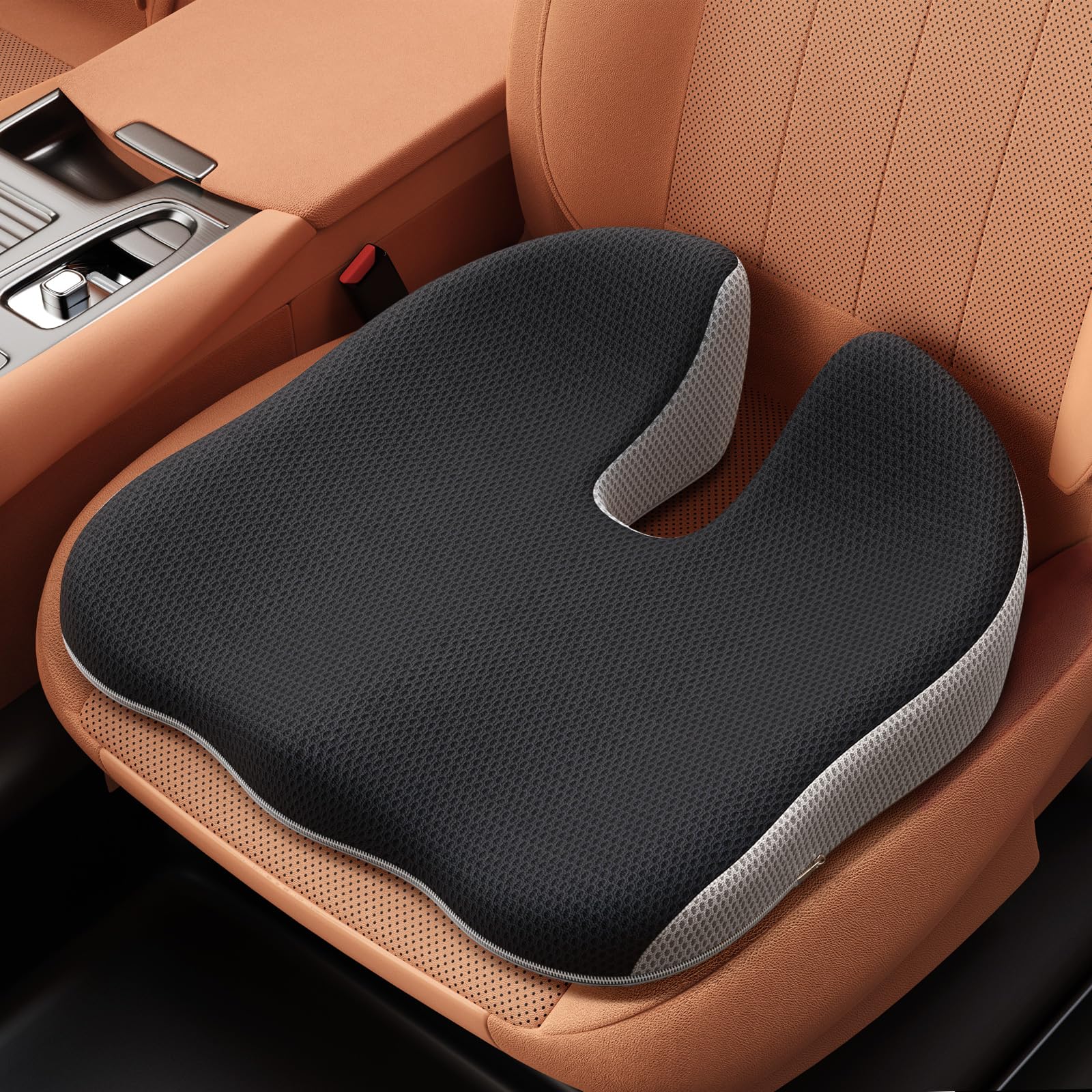 Benazcap car seat cushion front view showing fit and support for long drives.