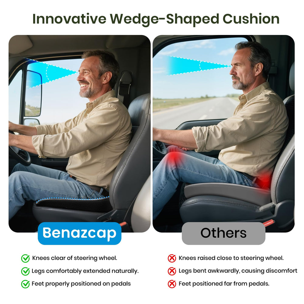 Benazcap car seat cushion height boost improves field of view.