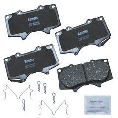 Bendix Priority1 ceramic front brake pad packaging with included hardware for easy installation.