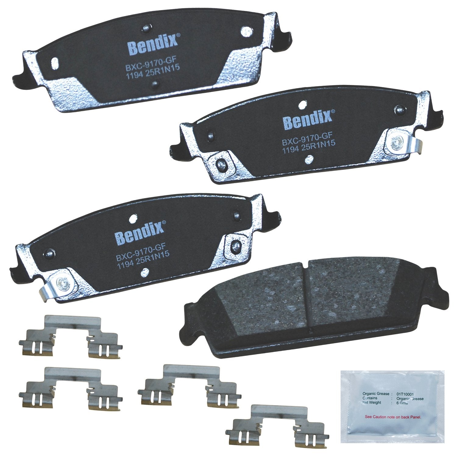 Bendix Priority1 ceramic rear brake pads viewed from front for precise OEM fit and quiet braking.