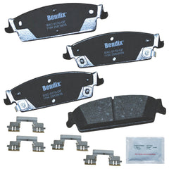 Bendix Priority1 ceramic rear brake pads viewed from front for precise OEM fit and quiet braking.